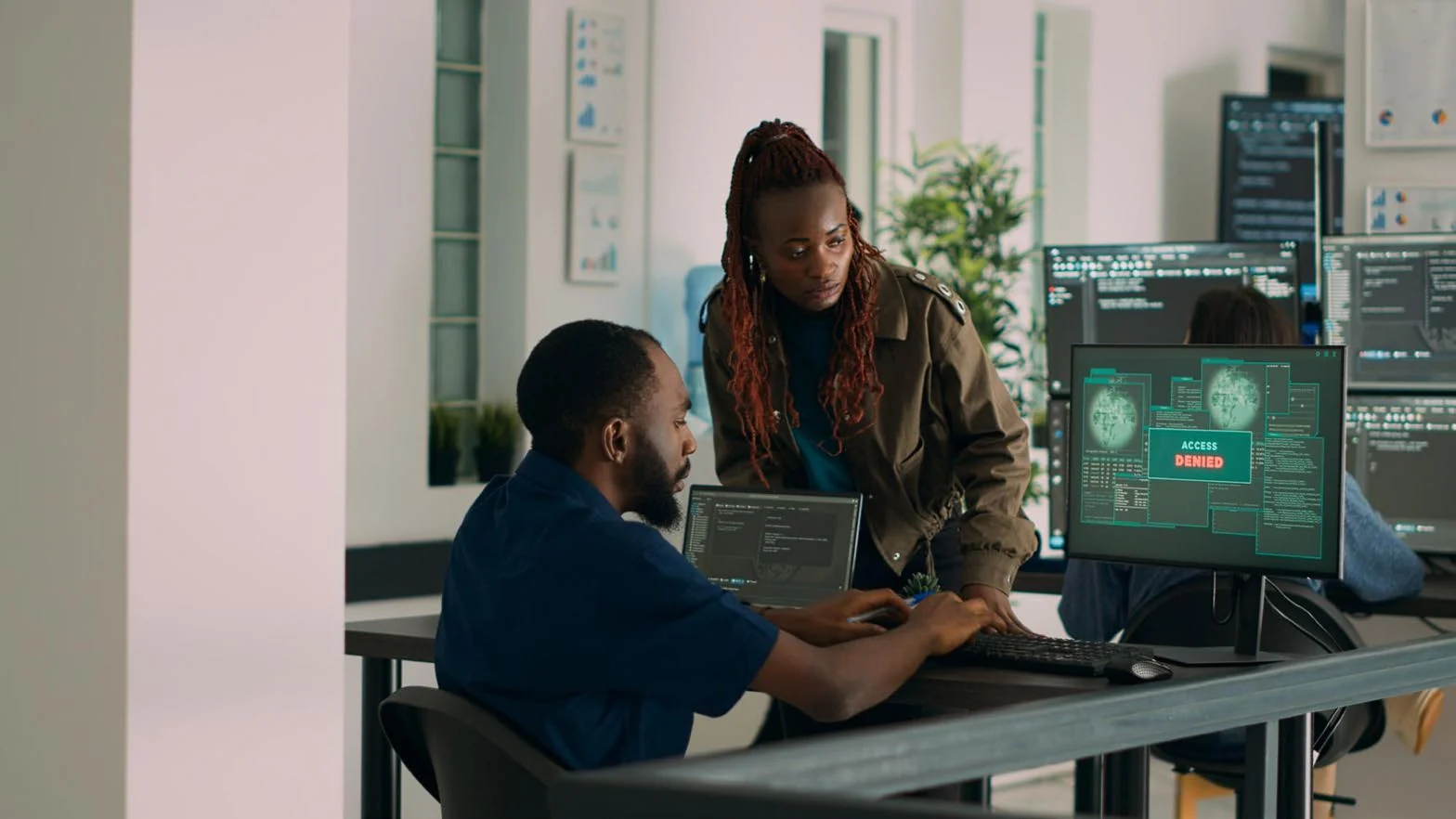 Technology professionals collaborating around computer screens